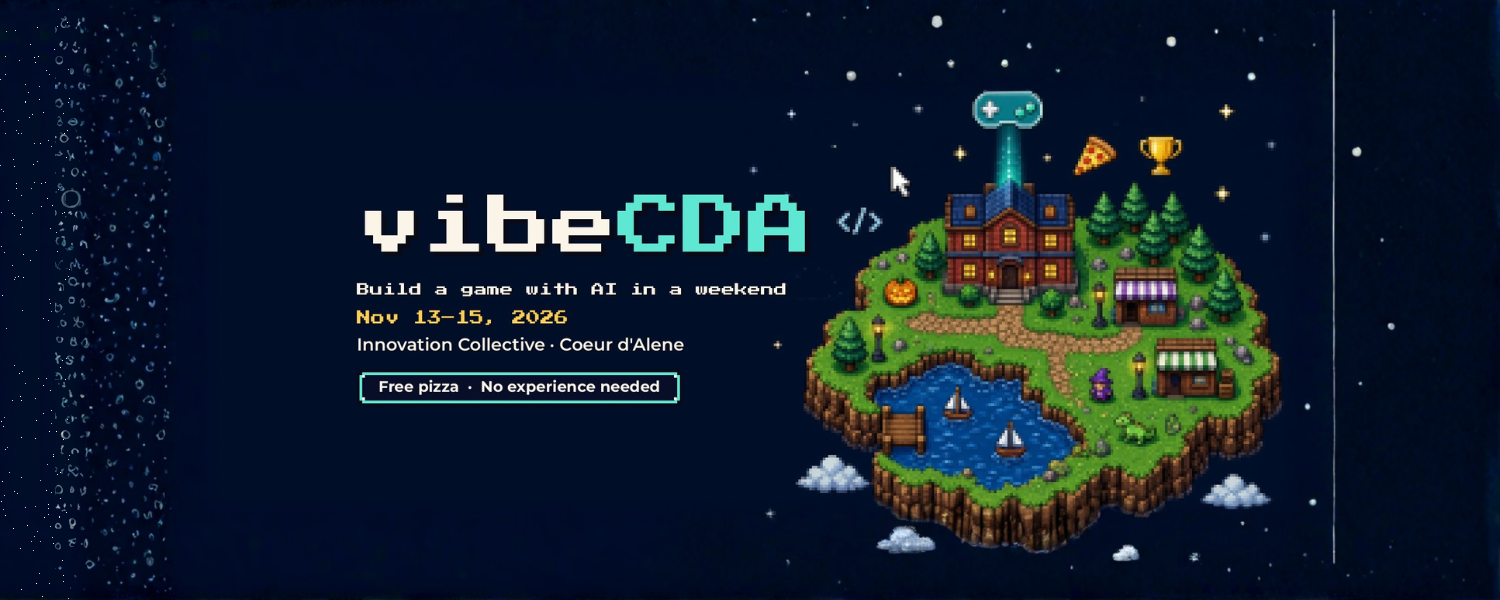 vibeCDA pixel-art banner: Build a game with AI in a weekend, Nov 13–15, 2026, Innovation Collective, Coeur d'Alene